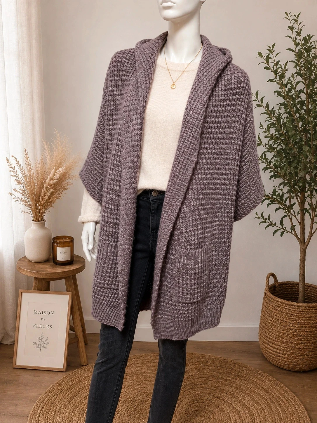 🩷 Gilet oversize effet châle rose anglais – Taille S